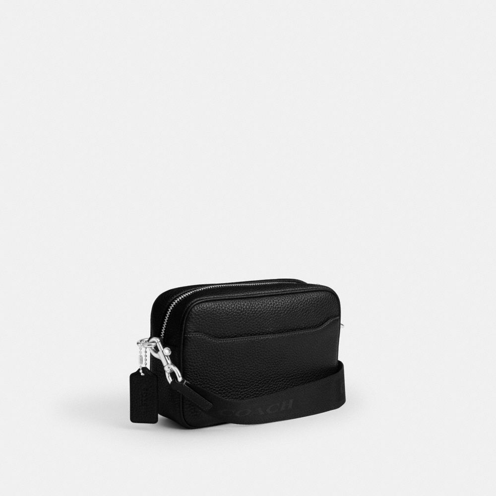 COACH®,Radio Camera Bag,Leather,Cotton,Crossbody,Pendant,Adjustable,Silver Metal,Casual,Black,Angle View