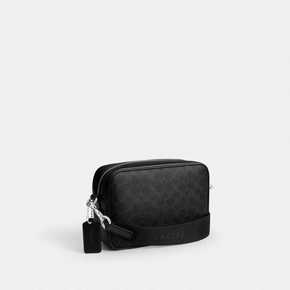 COACH®,Radio Camera Bag In Signature Canvas,Lining Cotton,Calfskin Leather,Canvas,Leather,Crossbody,Pendant,Logo,Sustainab...,Black,Angle View