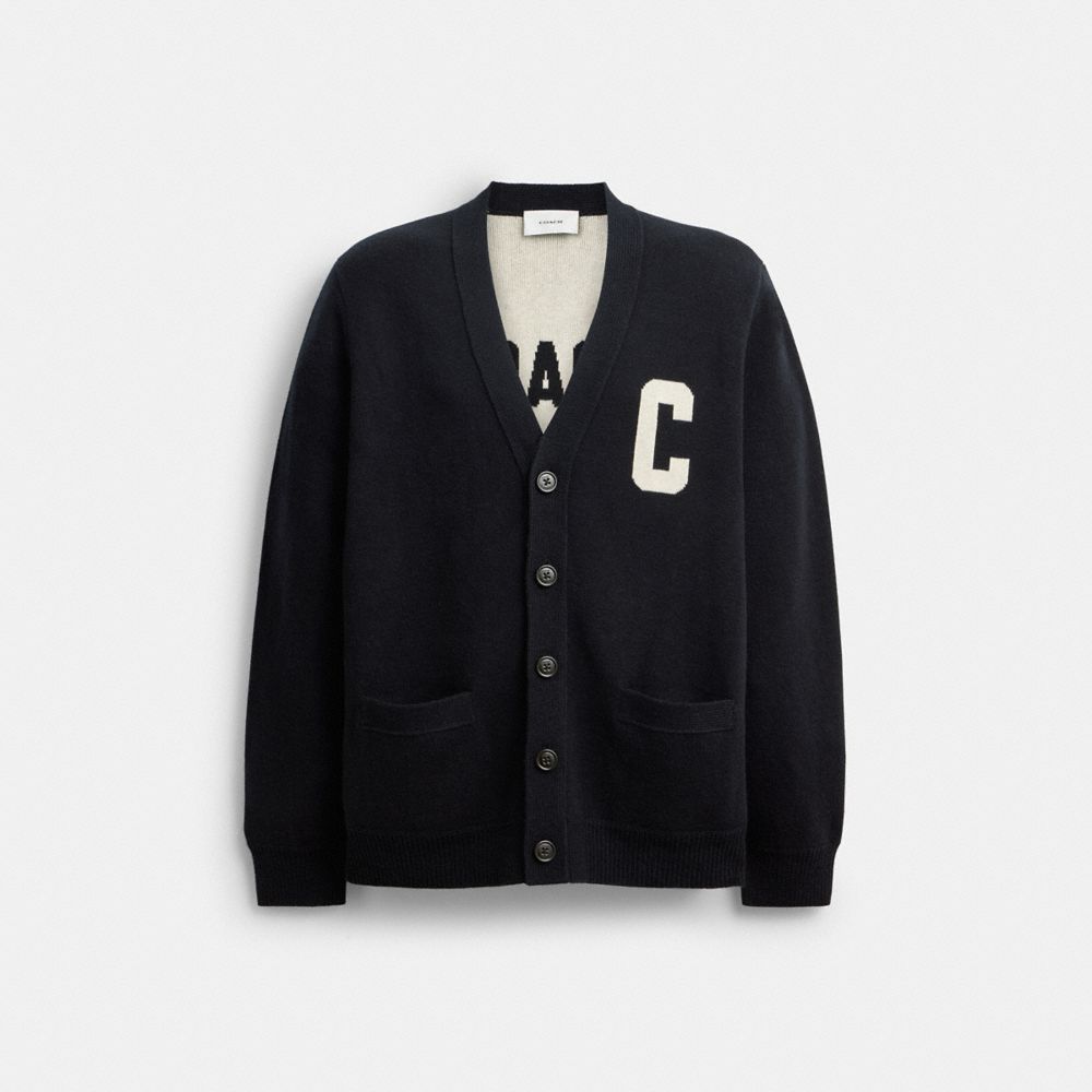 COACH®,Coach Cardigan,Cotton,Soft Wool,Lining Wool,Cotton Knit,Cashmere Blend,Cashmere,Wool,Cardigan,Logo,Casual,Black,Front View
