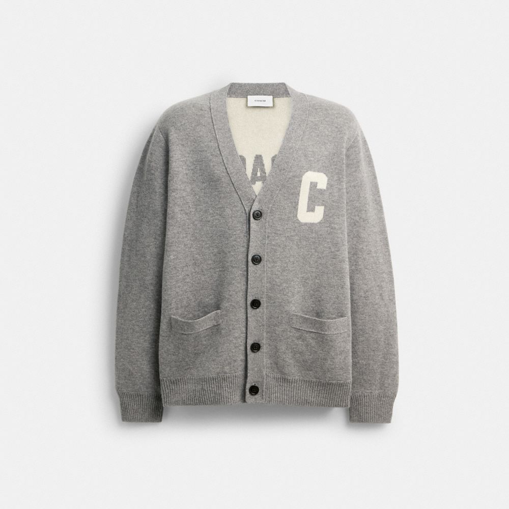 COACH®,Coach Cardigan,Cotton,Soft Wool,Lining Wool,Cotton Knit,Cashmere Blend,Cashmere,Wool,Cardigan,Logo,Casual,Gray,Front View