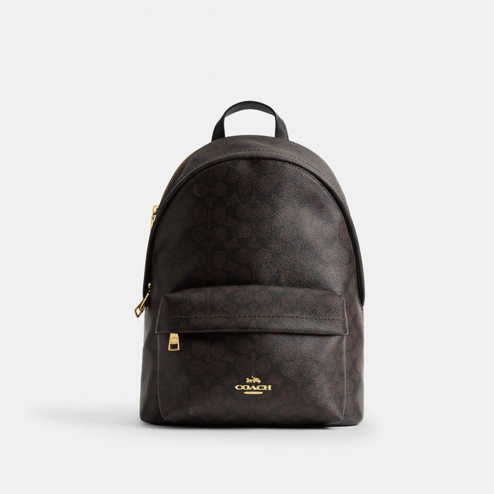 COACH®,Taylor Small Backpack In Signature Canvas,Canvas,Recycled Polyester,Backpack,Logo,Metal,Adjustable,Gold Metal,Casual,Black,Front View