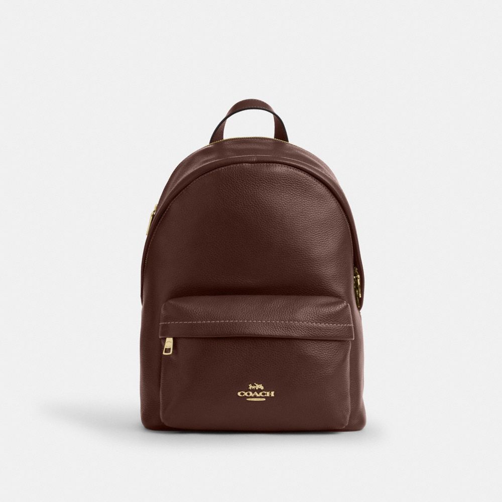 COACH®,Taylor Small Backpack,Recycled Polyester,Leather,Lining Recycled Polyester,Polyester,Backpack,Metal,Logo,Lined,Padd...,Brown,Front View