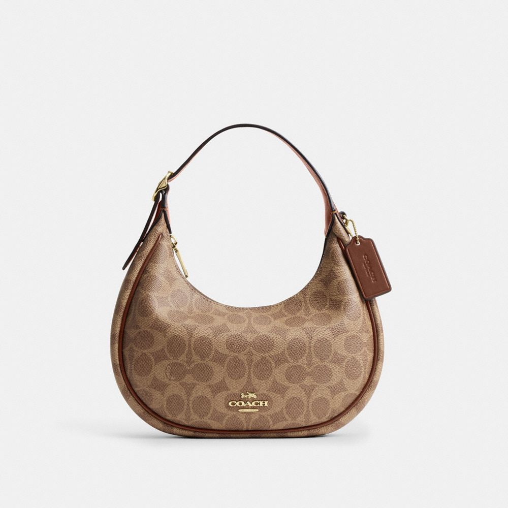 COACH®,Emily Shoulder Bag In Signature Canvas,Leather,Recycled Polyester,Canvas,Shoulder Bag,Metal,Pendant,Piping,Logo,Sus...,Brown,Front View