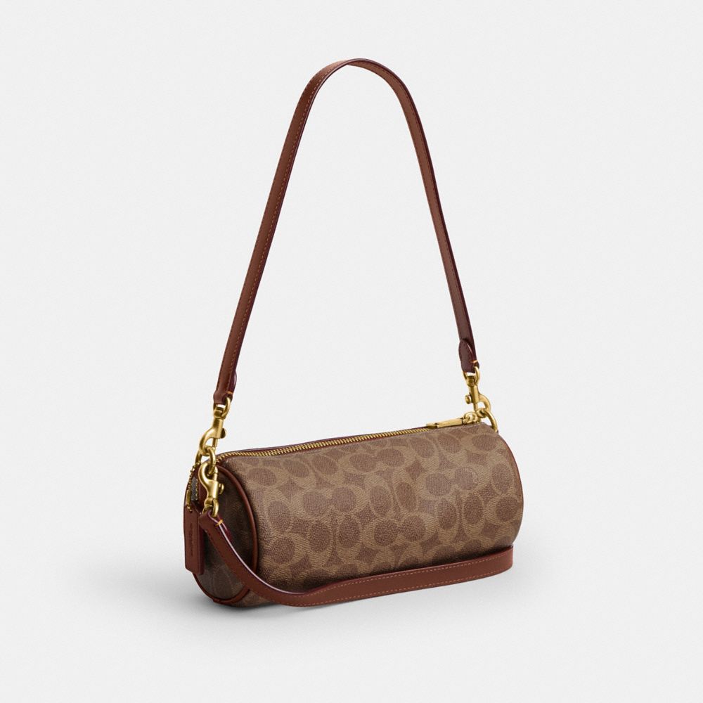 COACH®,Barrel Bag In Signature Canvas,Leather,Canvas,Lining Canvas,Cotton,Barrel Bag,Pendant,Piping,Logo,Adjustable,Brass,...,,Angle View
