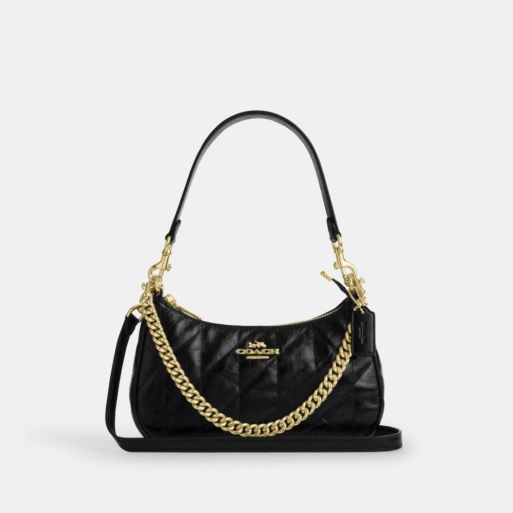 COACH®,Teri Shoulder Bag With Quilting,Lining Recycled Polyester,Leather,Recycled Polyester,Shoulder Bag,Logo,Metal,Silver...,Black,Front View