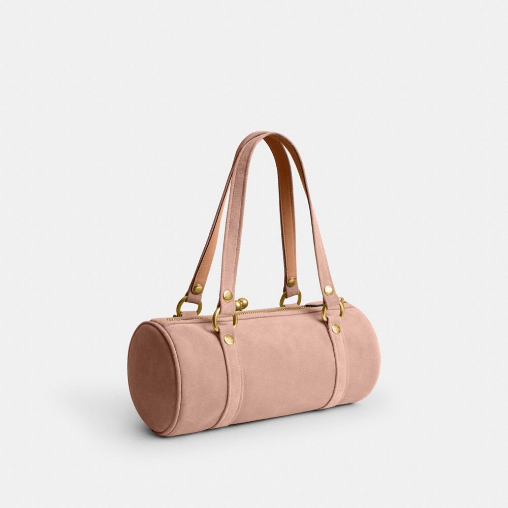 COACH®,Kisslock Barrel Bag,Lining Cotton Knit,Lining Cotton,Suede,Barrel Bag,Pendant,Brass,Day Party,Blush,Angle View