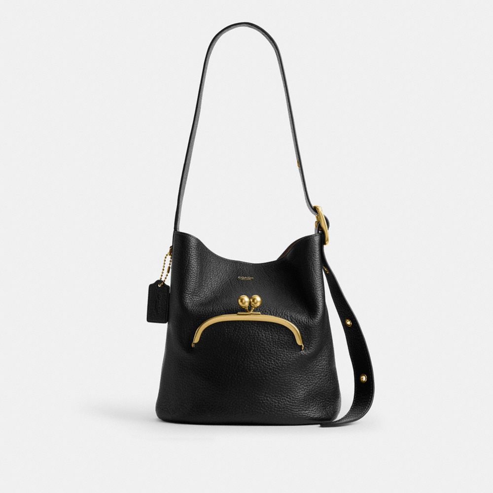 COACH®,Bleecker Bucket Bag With Kisslock,Leather,Bucket,Pendant,Adjustable,Brass,Day Party,Black,Front View
