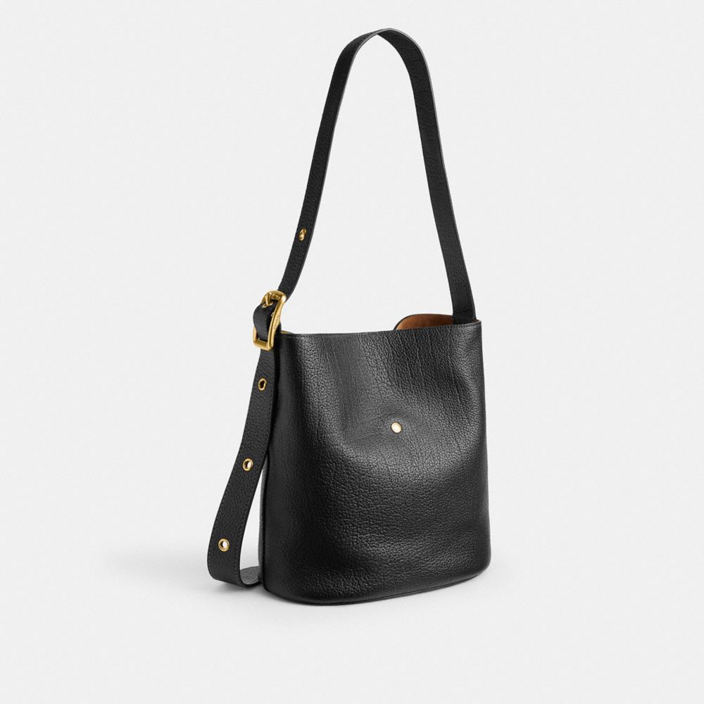 COACH®,Bleecker Bucket Bag With Kisslock,Leather,Bucket,Pendant,Adjustable,Brass,Day Party,Black,Angle View
