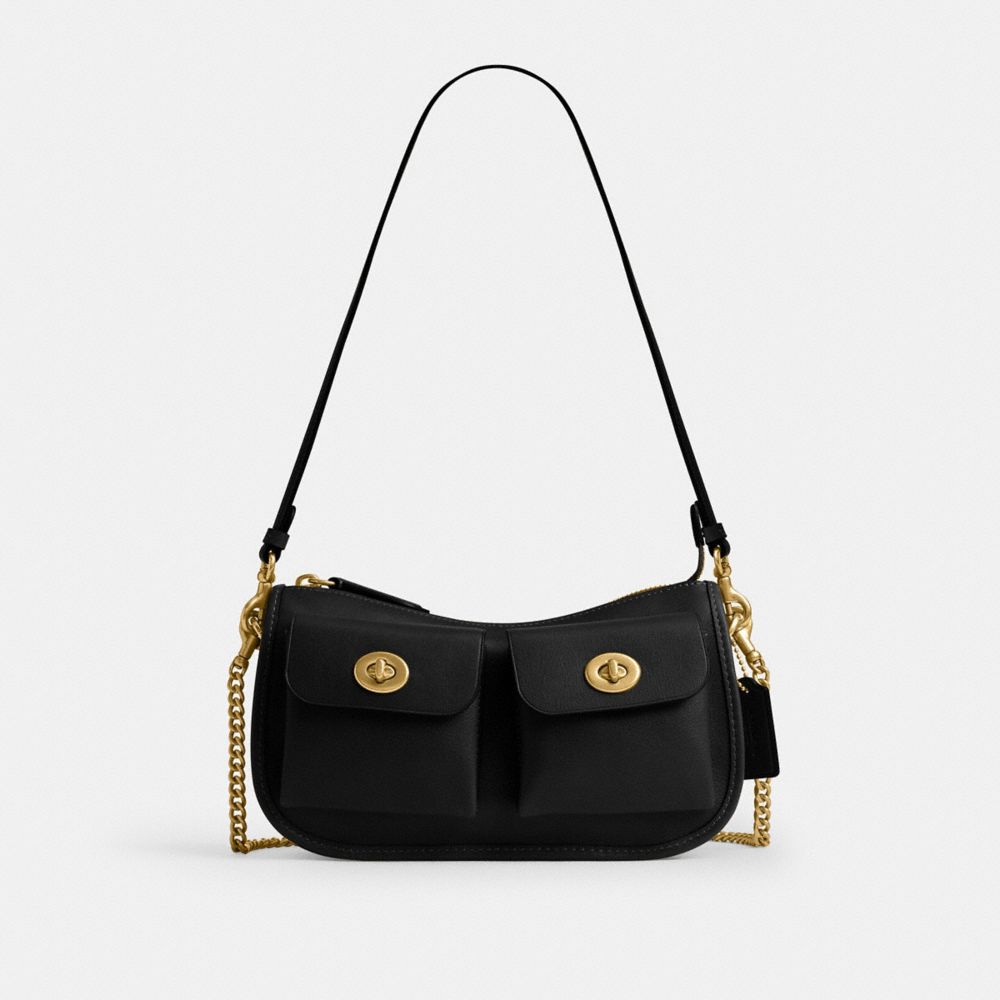 COACH®,Twin Turnlock Waverly Bag,Leather,Lining Cotton,Shoulder Bag,Pendant,Adjustable,Compact,Sustainable,Brass,Gold Meta...,Black,Front View