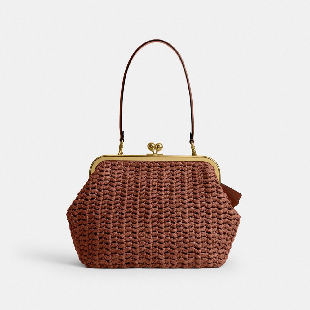 COACH®,Kisslock Frame Bag 27,Cotton,Calfskin Leather,Clutch,Metal Material,Straw,Pendant,Lined,Brass,Day Party,,Front View