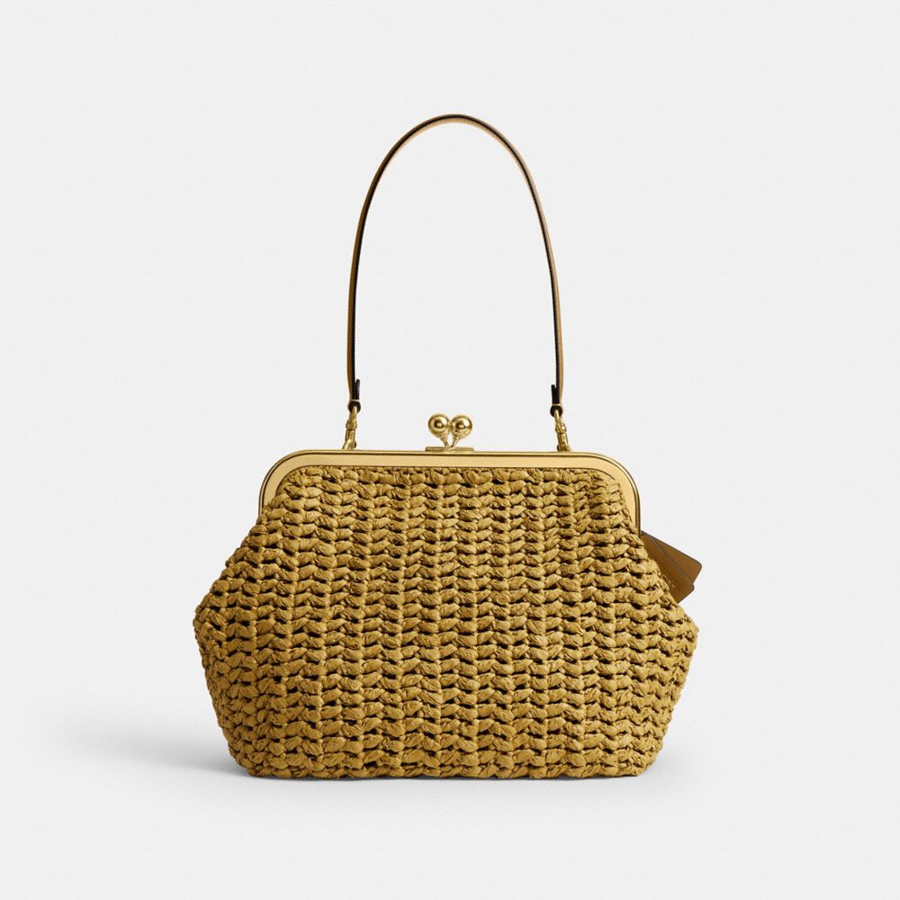 COACH®,Kisslock Frame Bag 27,Cotton,Calfskin Leather,Clutch,Metal Material,Straw,Pendant,Lined,Brass,Day Party,Beige,Front View