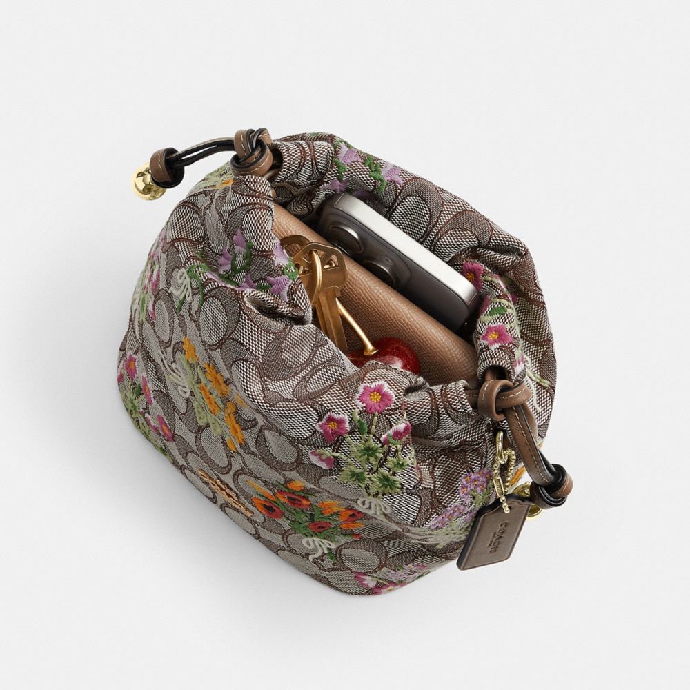 COACH®,Faye Mini Drawstring Bag In Signature Jacquard With Floral Embroidery,,Inside View,Top View