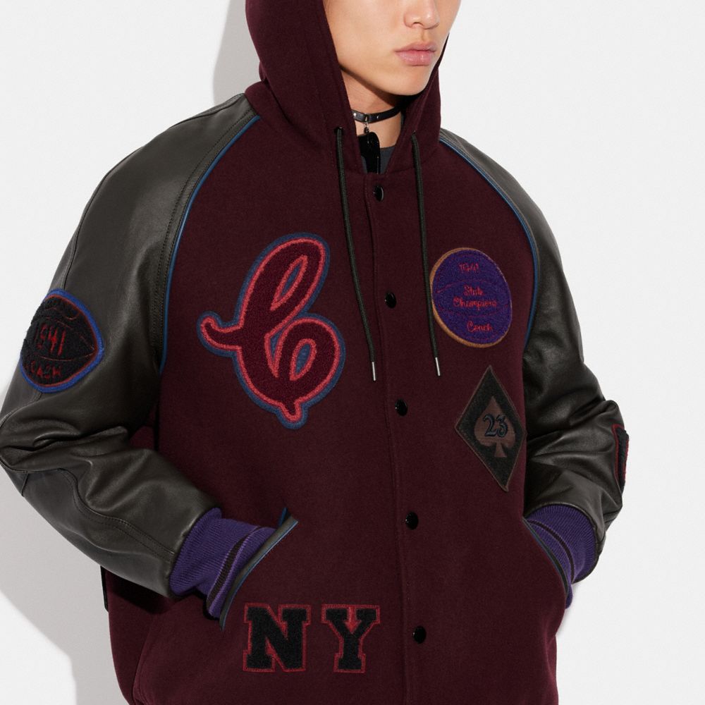 COACH®: Hooded Varsity Jacket In Recycled Wool And Recycled Polyester