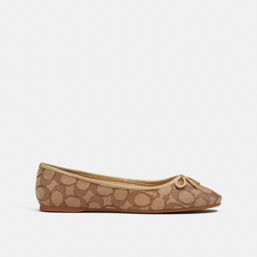 COACH®,Alina Ballet In Signature Jacquard,Cotton,Leather,Recycled Polyester,Rubber,Lining Leather,Ballet Flats,Logo,Bow,Ca...,Beige,Angle View