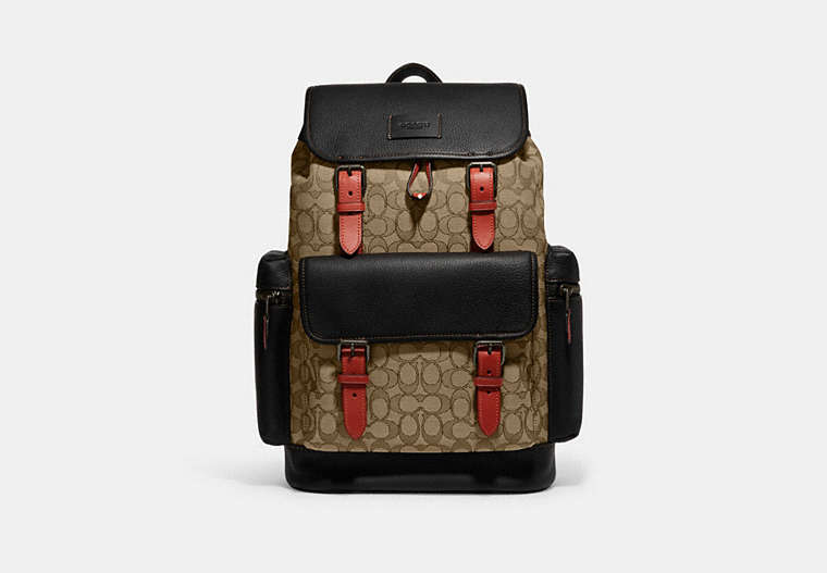 COACH®,SPRINT BACKPACK IN SIGNATURE JACQUARD,Refined Pebble Leather,Large,Black Antique Nickel/Khaki/Black Multi,Front View