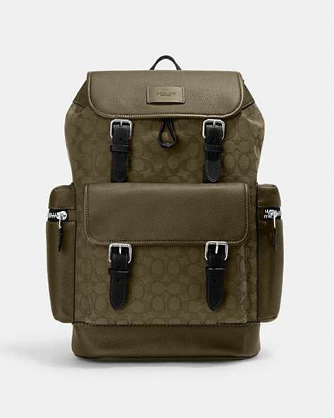 COACH®,SPRINT BACKPACK IN SIGNATURE JACQUARD,Refined Pebble Leather,Large,Silver/Olive Drab/Utility Green,Front View