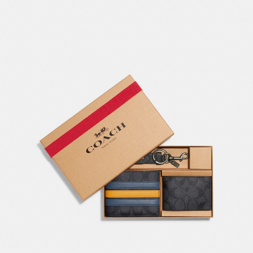 Boxed 3 In 1 Wallet Gift Set In Signature Canvas With Varsity Stripe