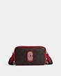 COACH®,CARRIER PHONE CROSSBODY IN COLORBLOCK SIGNATURE CANVAS WITH COACH PATCH,Signature Coated Canvas,Mini,Gunmetal/Mahogany/Bright Cardinal,Front View