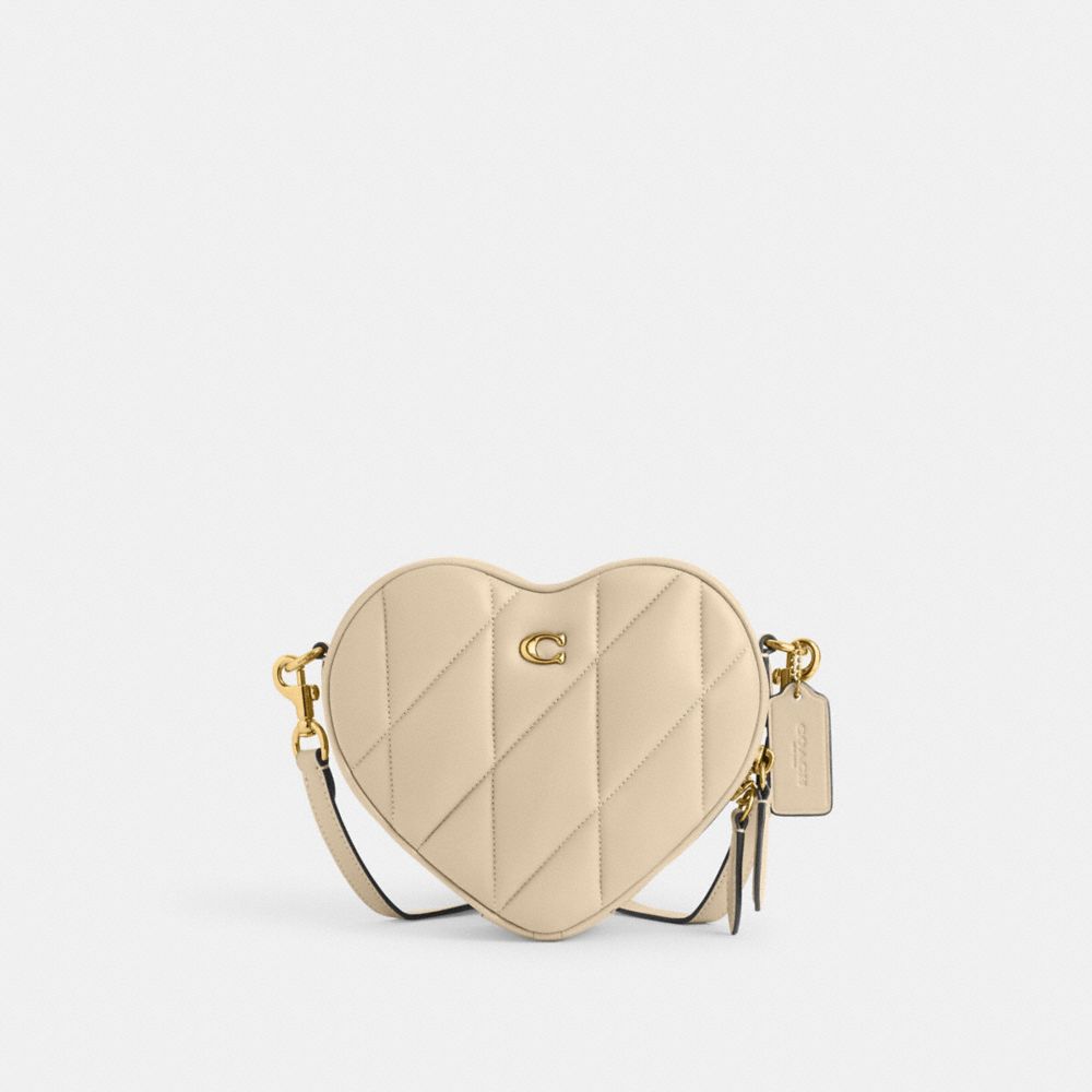 COACH®,Heart Crossbody Bag With Quilting,Leather,Crossbody,Logo,Metal,Gold Metal,Day Party,Beige,Front View