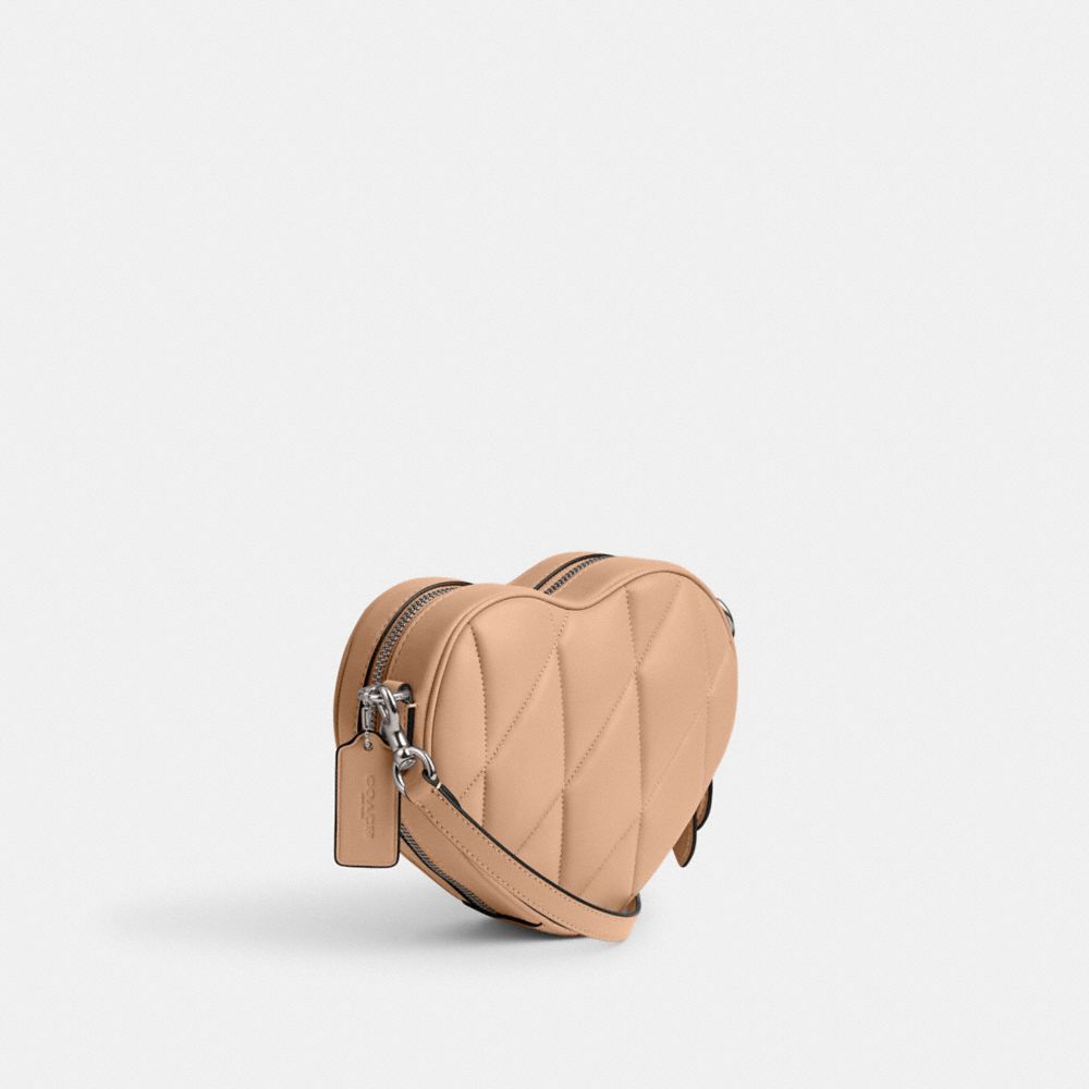 COACH®,Heart Crossbody Bag With Quilting,Leather,Crossbody,Logo,Metal,Gold Metal,Day Party,Beige,Angle View