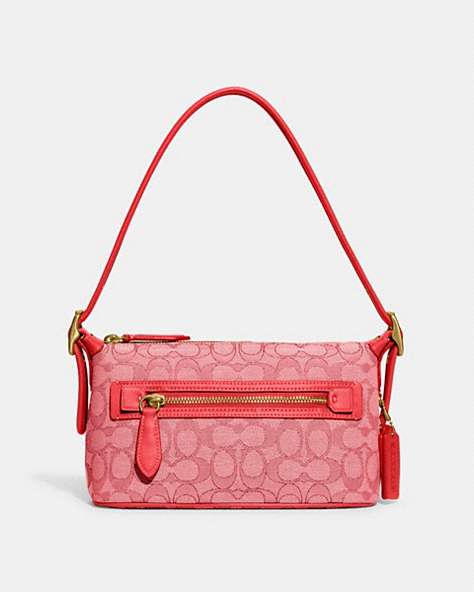COACH®,DEMI BAG IN SIGNATURE JACQUARD,Signature Jacquard,Small,Brass/Sport Red,Front View