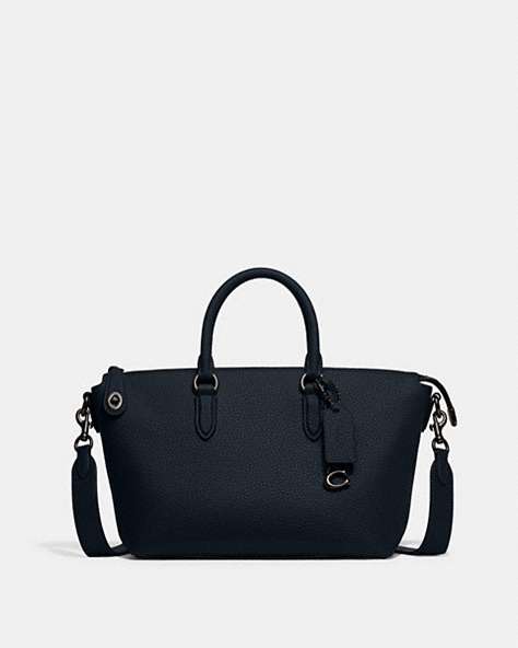 COACH®,CARA SATCHEL,Pebble Leather,Medium,Pewter/Midnight Navy,Front View