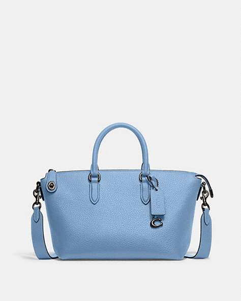 COACH®,CARA SATCHEL,Pebble Leather,Medium,Pewter/Pool,Front View