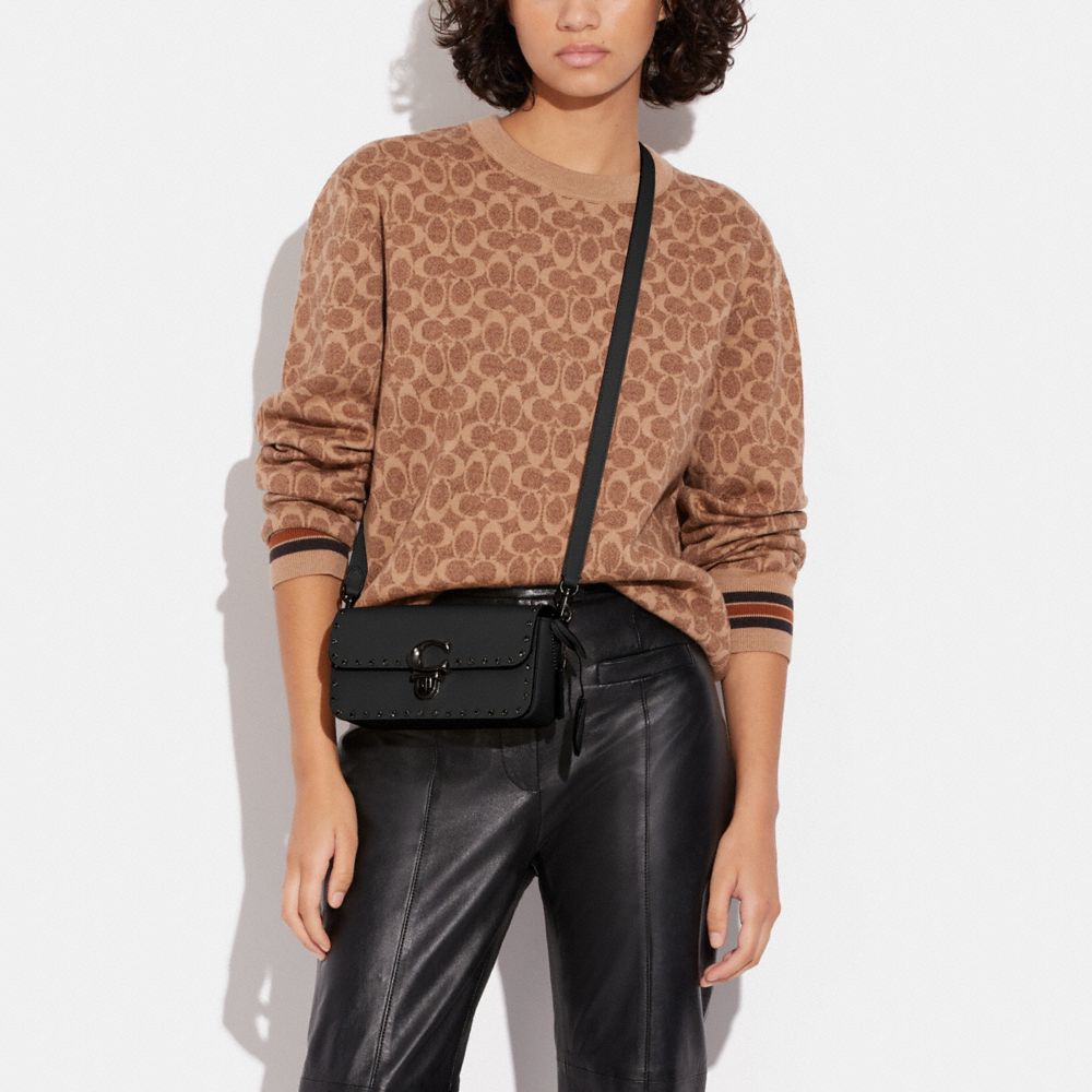 COACH®,STUDIO BAGUETTE BAG WITH CRYSTAL RIVETS,Glovetanned Leather,Mini,Pewter/Black,Detail View