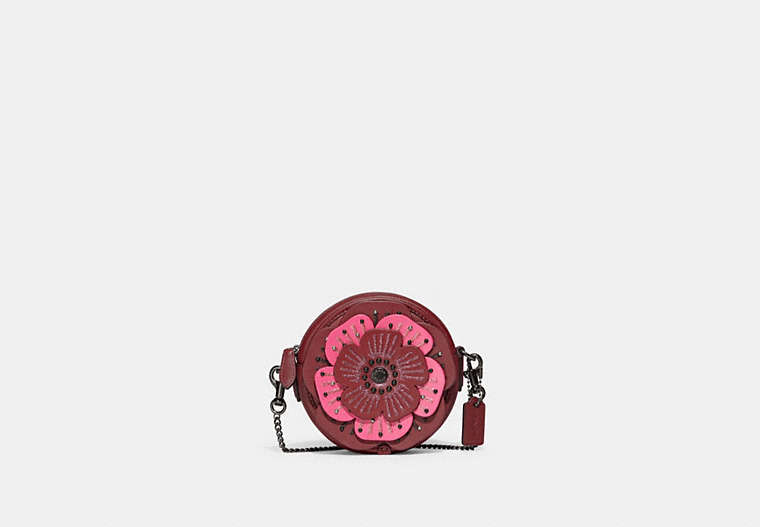 COACH®,TEA ROSE CROSSBODY,Glovetanned Leather,Mini,Pewter/Cherry,Front View