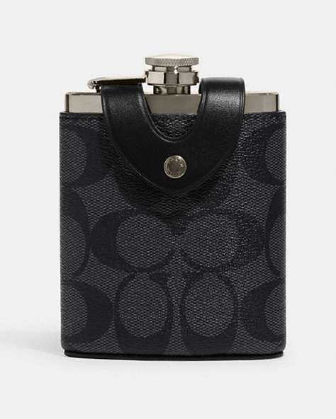 COACH®,FLASK IN SIGNATURE CANVAS,Signature Coated Canvas,Mini,Gunmetal/Charcoal,Front View