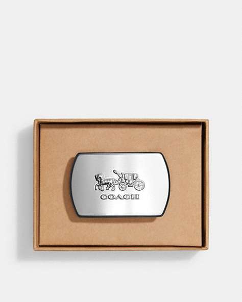 COACH®,BOXED HORSE AND CARRIAGE PLAQUE BELT BUCKLE,Metal,Silver,Front View