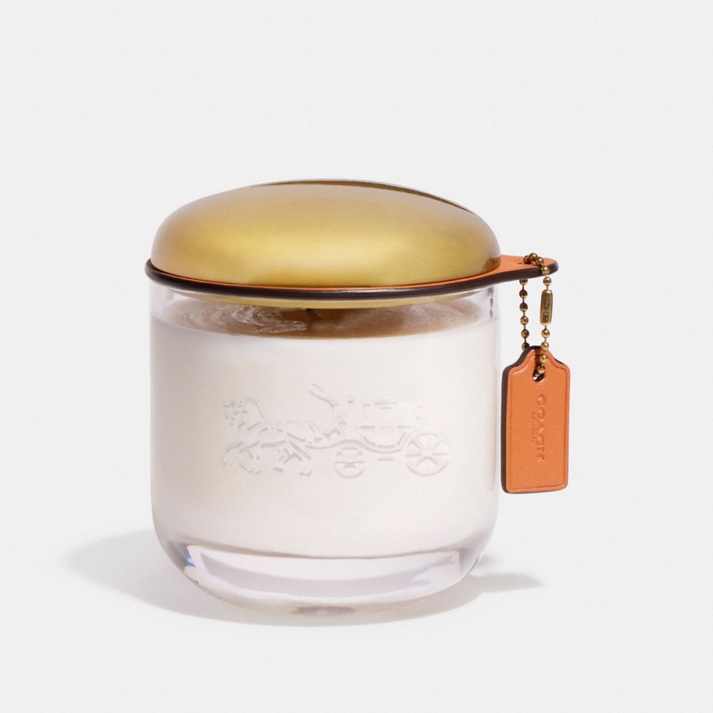 COACH®,Coach Candle,Candle,Glass,Candle Lid Included,Brass,White,Angle View
