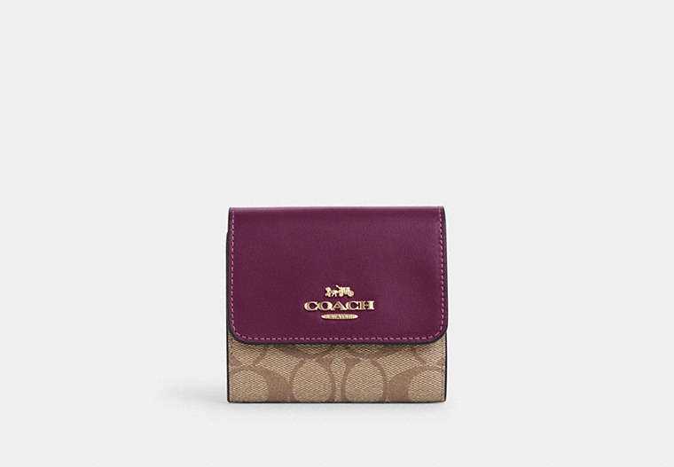 COACH®,SMALL TRIFOLD WALLET IN BLOCKED SIGNATURE CANVAS,Signature Coated Canvas,Gold/Khaki/Deep Berry,Front View