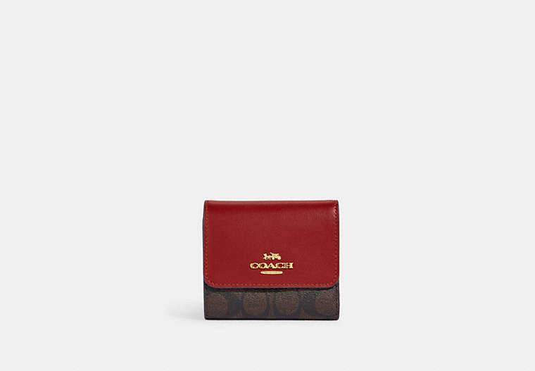 COACH®,SMALL TRIFOLD WALLET IN BLOCKED SIGNATURE CANVAS,Signature Coated Canvas,Gold/Brown 1941 Red,Front View