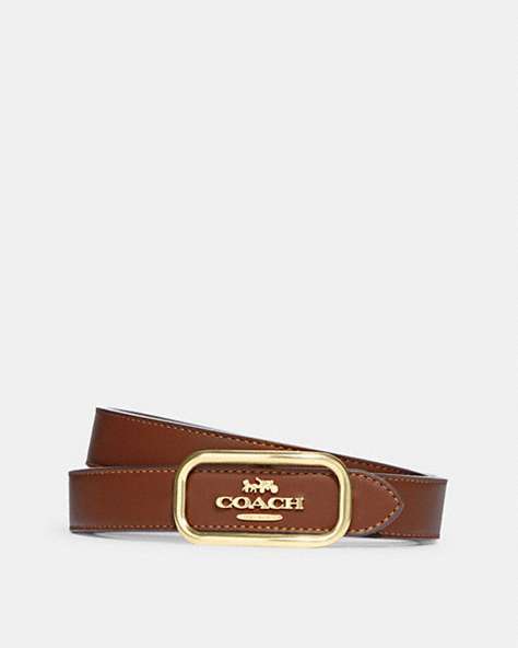 COACH®,MORGAN RECTANGLE BUCKLE BELT, 25MM,Gold/Saddle,Front View