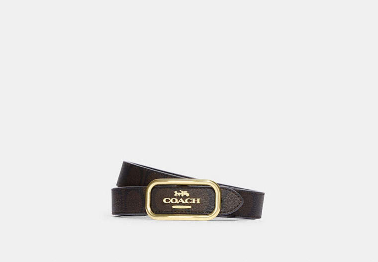 COACH®,MORGAN RECTANGLE BUCKLE BELT, 25MM,Gold/Brown Black,Front View