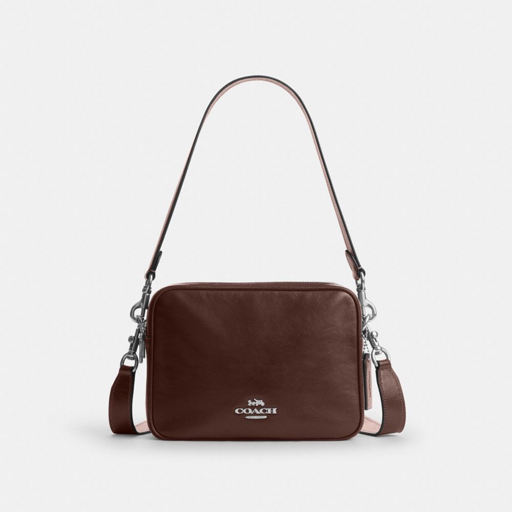 COACH®,Carey Crossbody Bag,Leather,Recycled Polyester,Camera Bag,Logo,Metal,Lined,Adjustable,Gold Metal,Casual,Brown,Front View