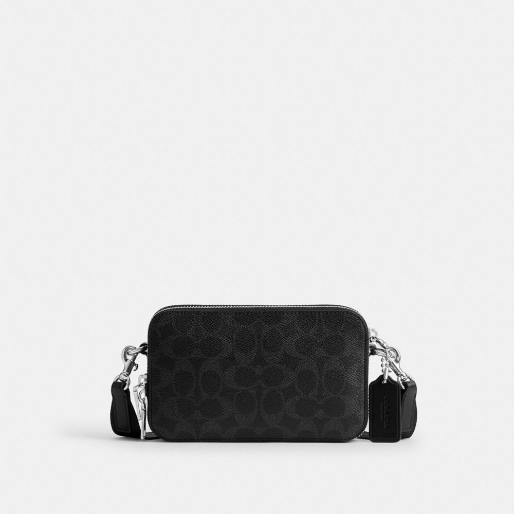 COACH®,Clinton Crossbody Bag In Signature Canvas,Lining Recycled Polyester,Canvas,Leather,Recycled Polyester,Crossbody,Pen...,Black,Front View