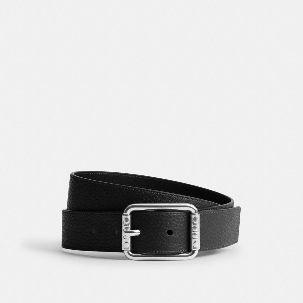 COACH®,Double Roller Buckle Belt, 35 Mm,Calfskin Leather,Leather,Standard,Silver Metal,Casual,Black,Front View