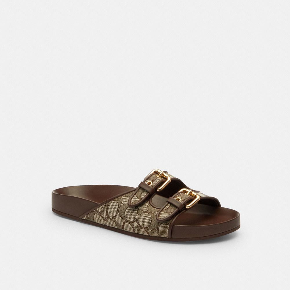 COACH®,Two Band Buckle Sandal In Signature Jacquard,Recycled Polyester,Cotton,Rubber,Polyester,Recycled Cotton,Slides,Fabr...,Multi Color,Front View