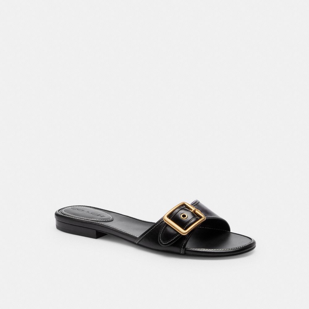 COACH®,Margot Flat Sandal,Leather,Synthetic,Slides,Plastic,Fabric,Pull Tab,Casual,Black,Front View