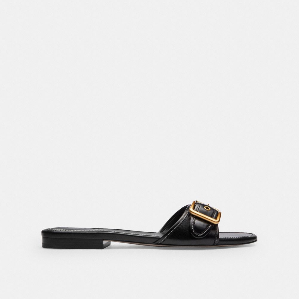 COACH®,Margot Flat Sandal,Leather,Synthetic,Slides,Plastic,Fabric,Pull Tab,Casual,Black,Angle View