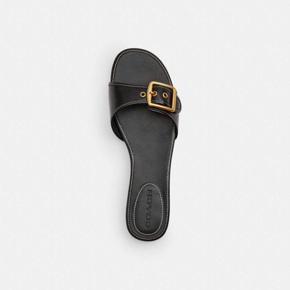 COACH®,Margot Flat Sandal,Leather,Synthetic,Slides,Plastic,Fabric,Pull Tab,Casual,Black,Inside View,Top View