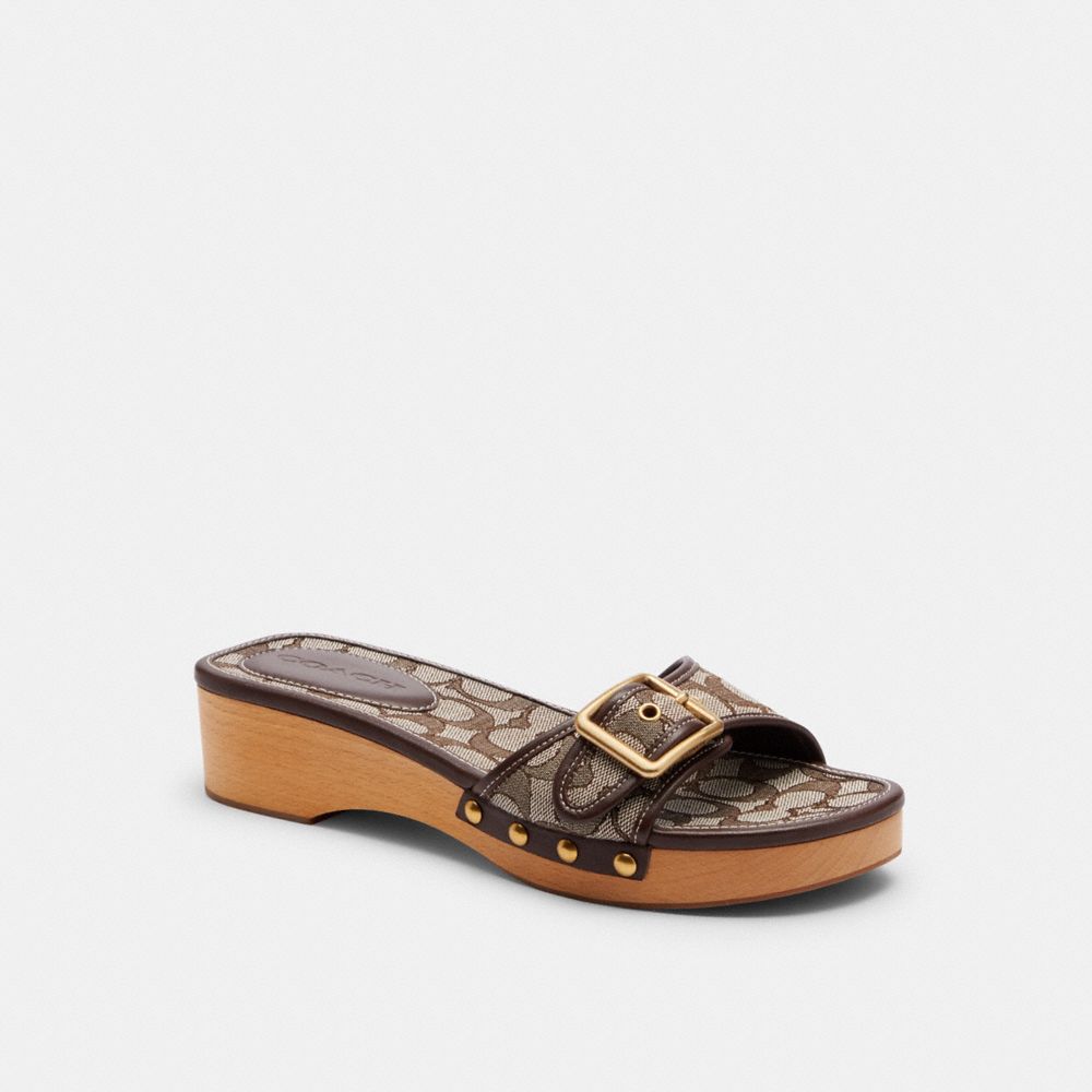 COACH®,Margot Wooden Sandal In Signature Jacquard,Leather,Recycled Polyester,Rubber,Cotton,Slides,Clogs,Fabric,Wood,Logo,P...,Brown,Front View