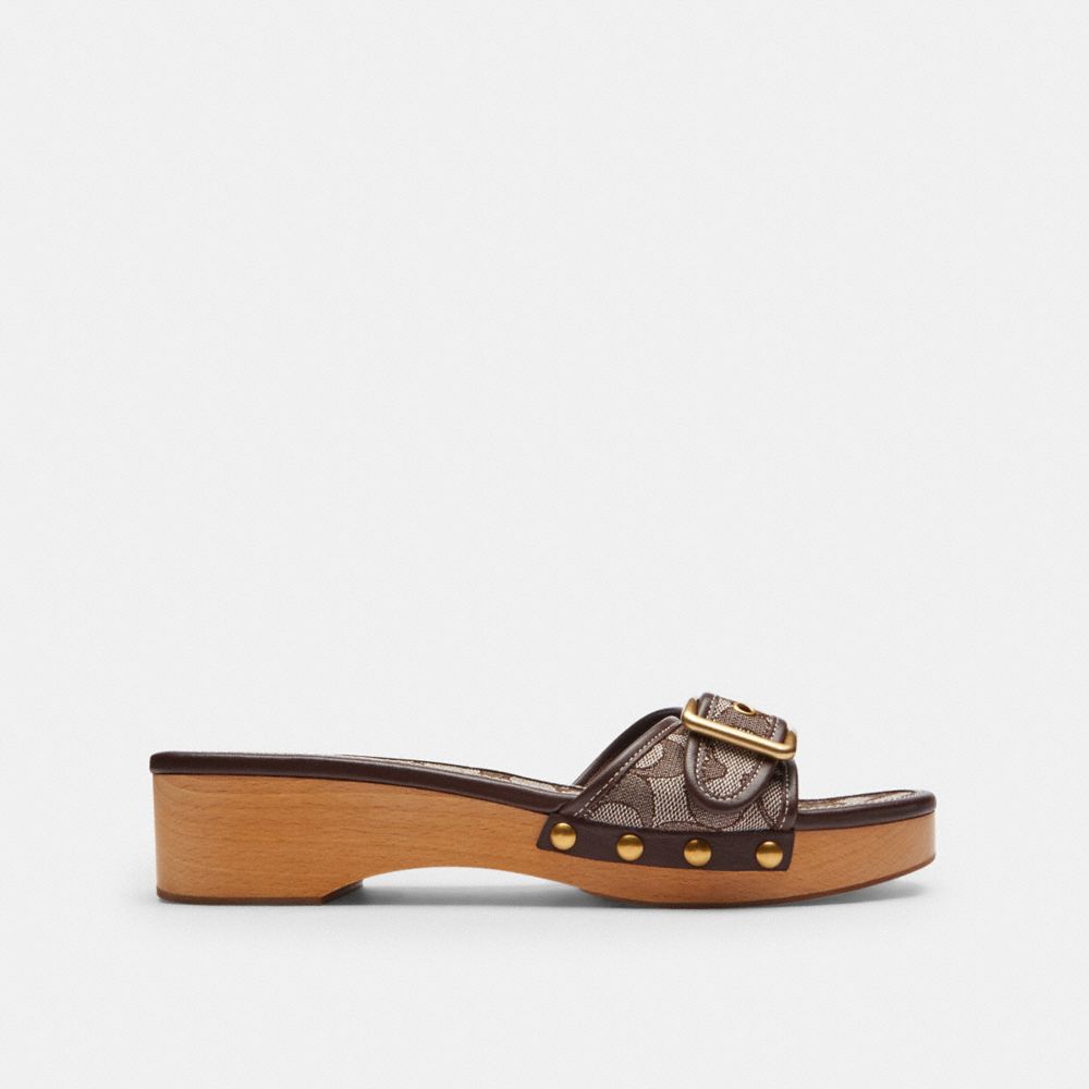 COACH®,Margot Wooden Sandal In Signature Jacquard,Leather,Recycled Polyester,Rubber,Cotton,Slides,Clogs,Fabric,Wood,Logo,P...,Brown,Angle View