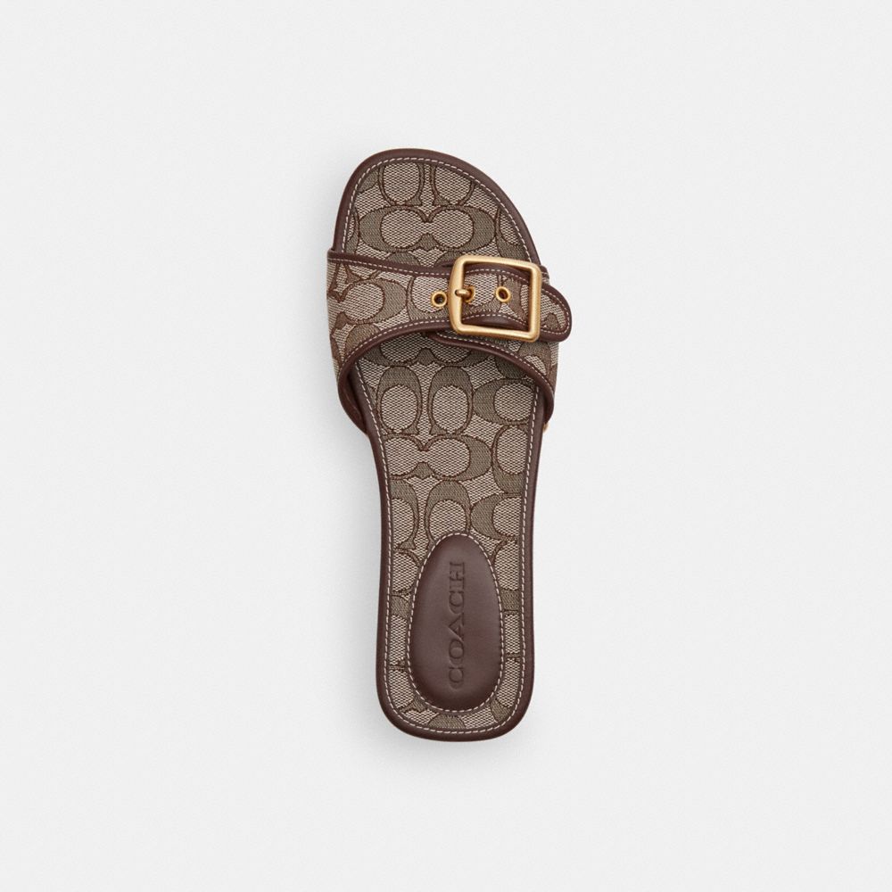 COACH®,Margot Wooden Sandal In Signature Jacquard,Leather,Recycled Polyester,Rubber,Cotton,Slides,Clogs,Fabric,Wood,Logo,P...,Brown,Inside View,Top View