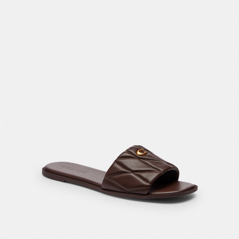 COACH®,Holly Sandal With Quilting,Rubber,Lining Rubber,Lining Leather,Leather,Slides,Metal,Logo,Traction,Cushioned,Casual,Brown,Front View