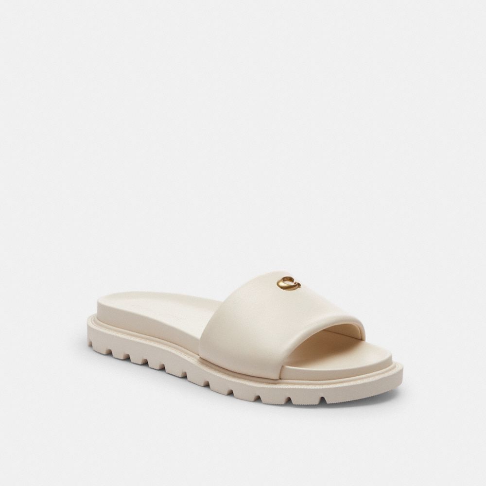 COACH®,Brynn Slide Sandal,Rubber,Slides,Logo,Metal,Flexible,Cushioned,Casual,Cream,Front View