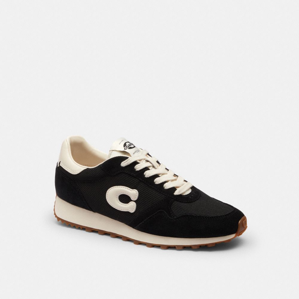 COACH®,Retro Runner,Rubber,Suede,Leather,Recycled Polyester,Mesh,Casual,Low Top,Fabric,Mixed Media,Logo,Color Block,Sustai...,Black,Front View