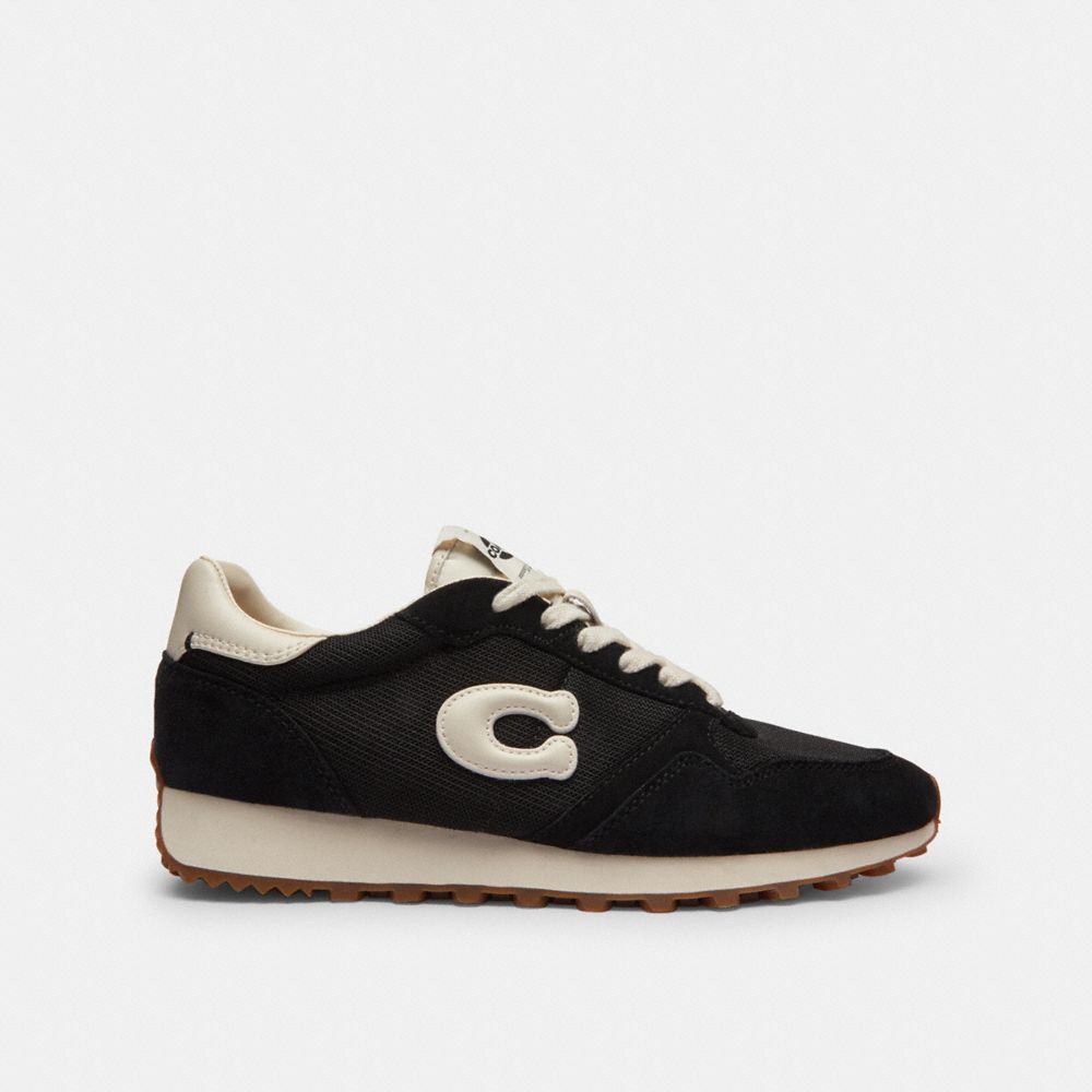 COACH®,Retro Runner,Rubber,Suede,Leather,Recycled Polyester,Mesh,Casual,Low Top,Fabric,Mixed Media,Logo,Color Block,Sustai...,Black,Angle View
